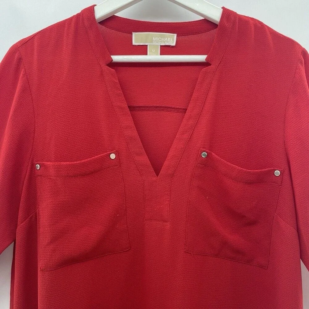 Michael Kors Medium‎ Blouse V-Neck Long Sleeve Red Lightweight Pockets Women's